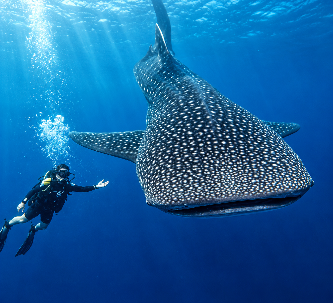 Snorkeler swimming beside a whale shark in the clear blue water off Amed, Bali