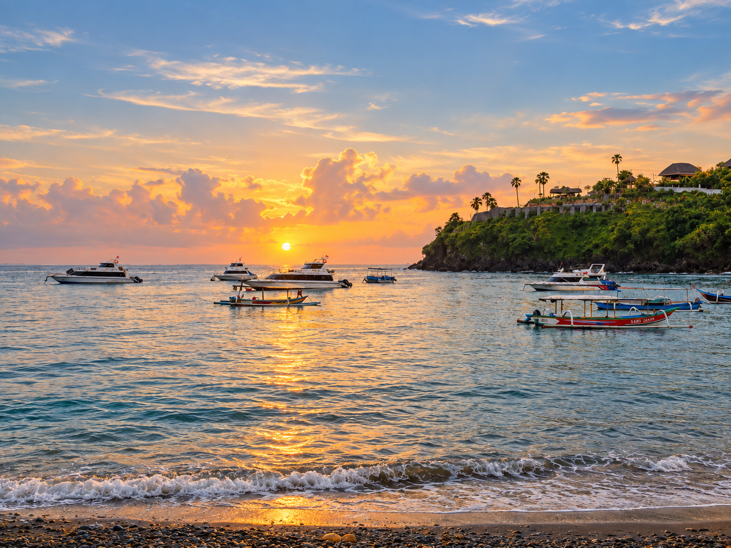 Traditional Balinese fishing boats at sunrise in Jemeluk Bay, Amed