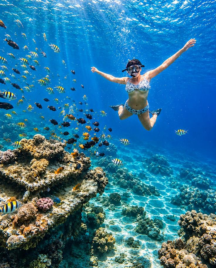 Snorkeler above a coral reef surrounded by tropical fish in Amed, Bali