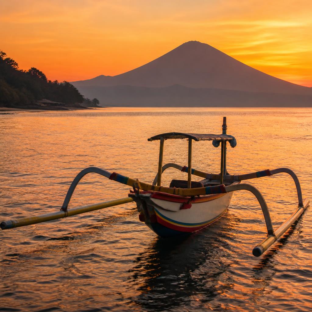 Traditional Balinese jukung sailing past Mount Agung at sunset in Amed